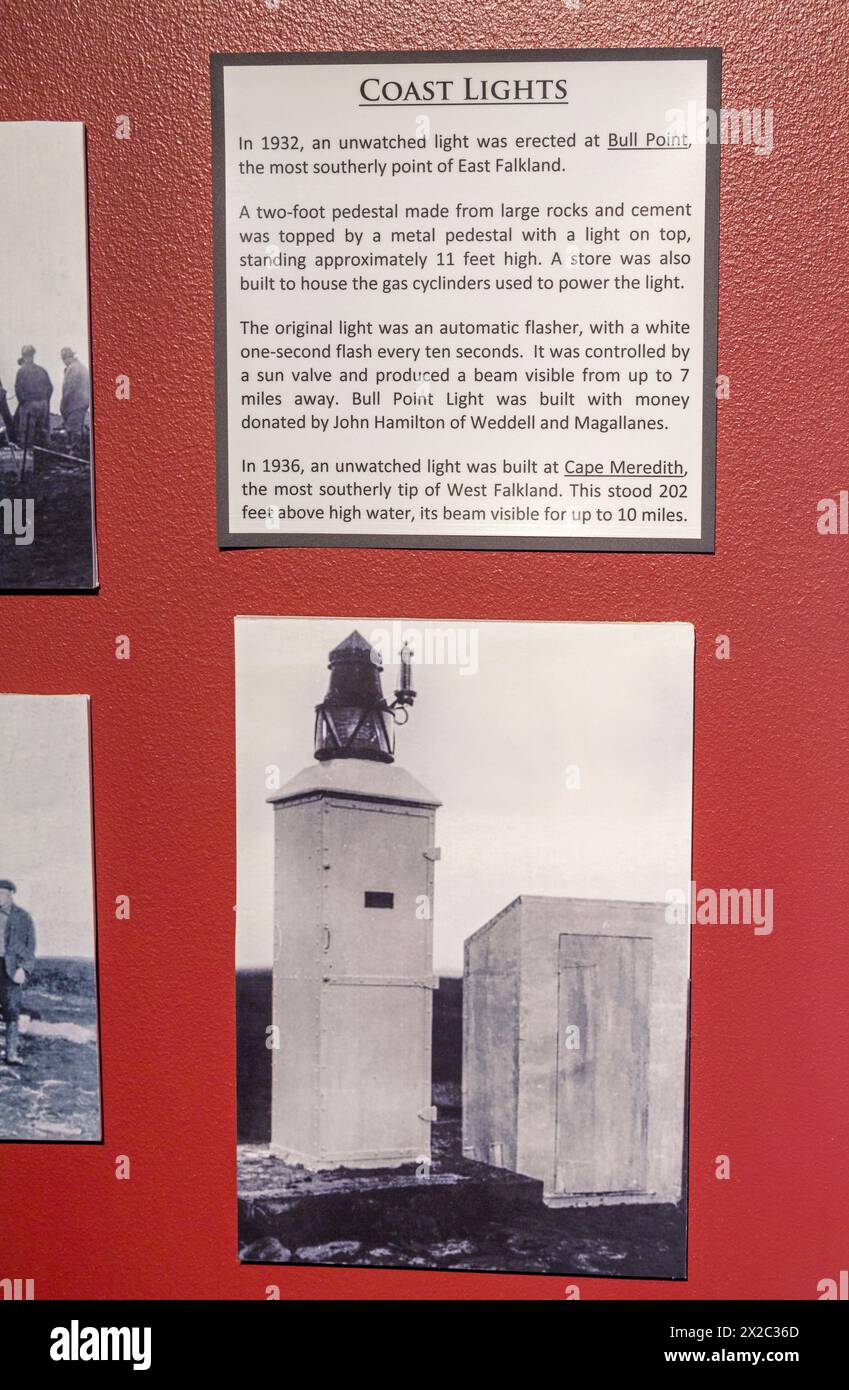 Mostra sul faro, Museo storico del cantiere, Port Stanley, Isole Falkland, Regno Unito Foto Stock