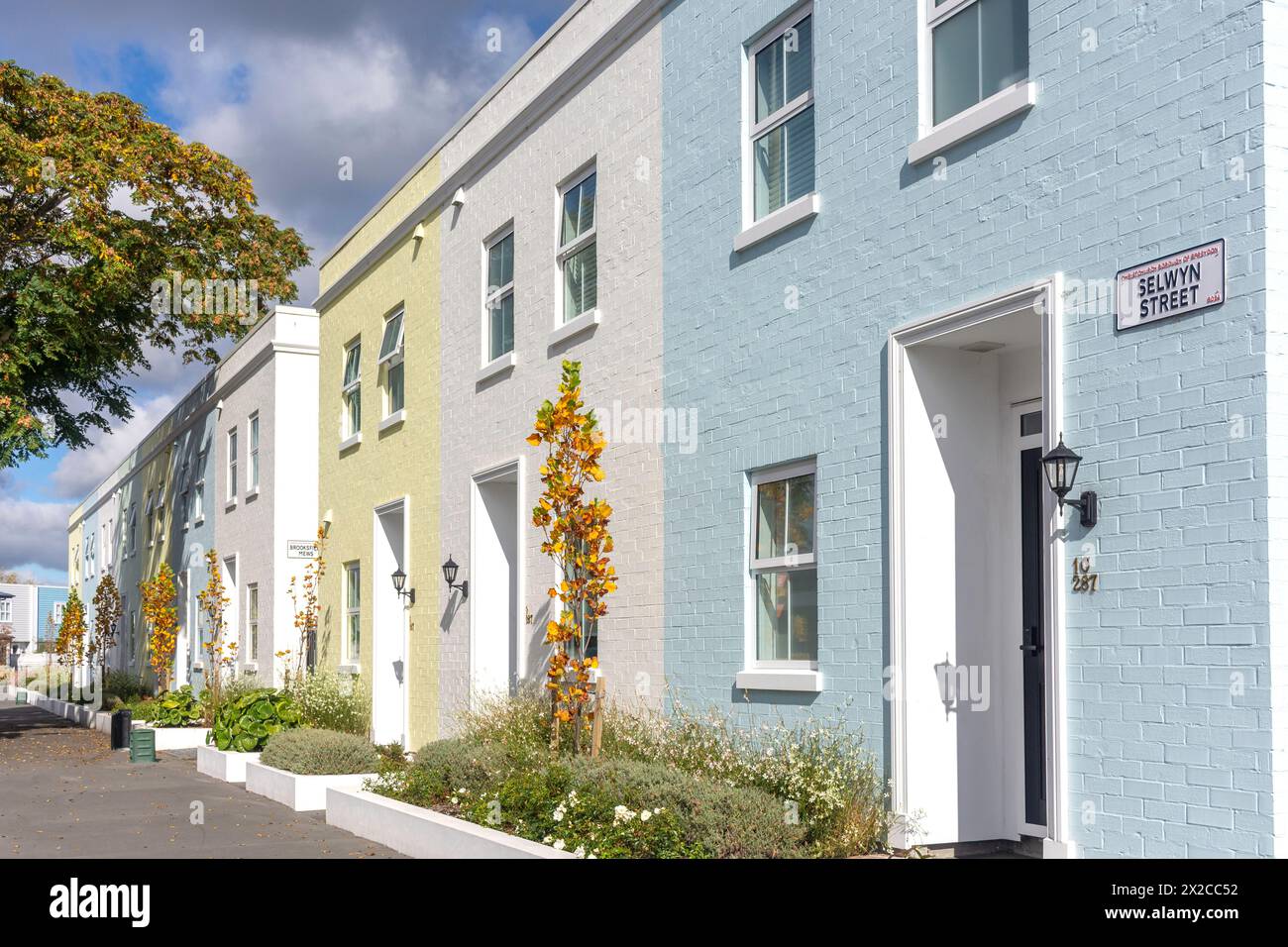 Case a schiera colorate, Selwyn Street, Spreydon, Christchurch, Canterbury, nuova Zelanda Foto Stock