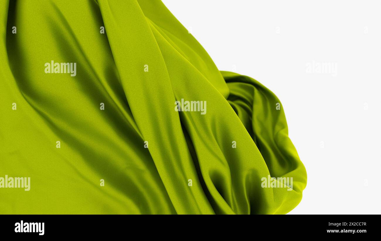Illustrazione in 3D di tenerezza astratta tessuto di seta verde morbido, lussuoso raso galleggiante, superficie ruvida dinamica Foto Stock
