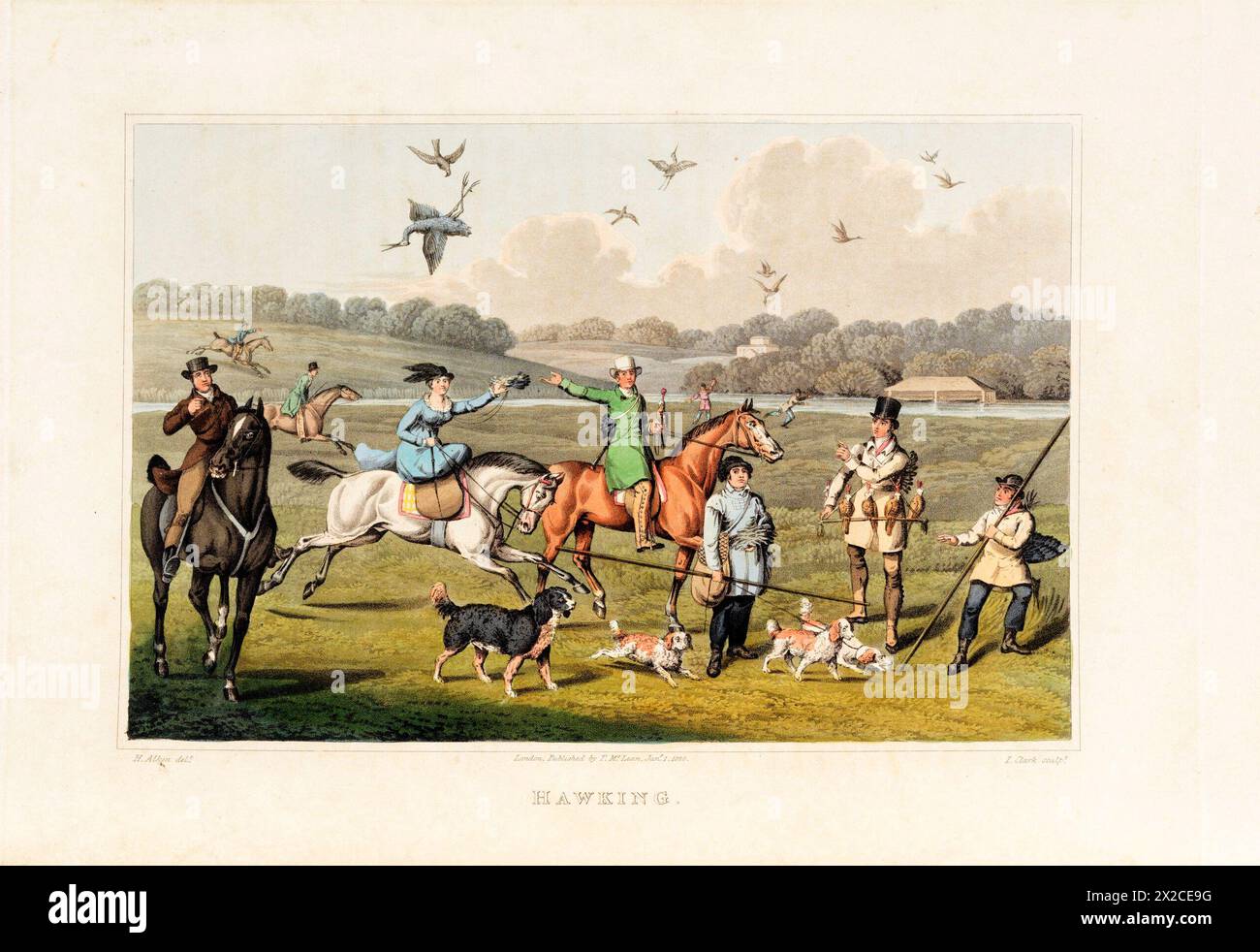 Illustrazione vintage di una scena di caccia con signori e signore su cavalli, cani e uccelli in volo. Lito intorno al 1820 Henry Thomas Alken, Foto Stock