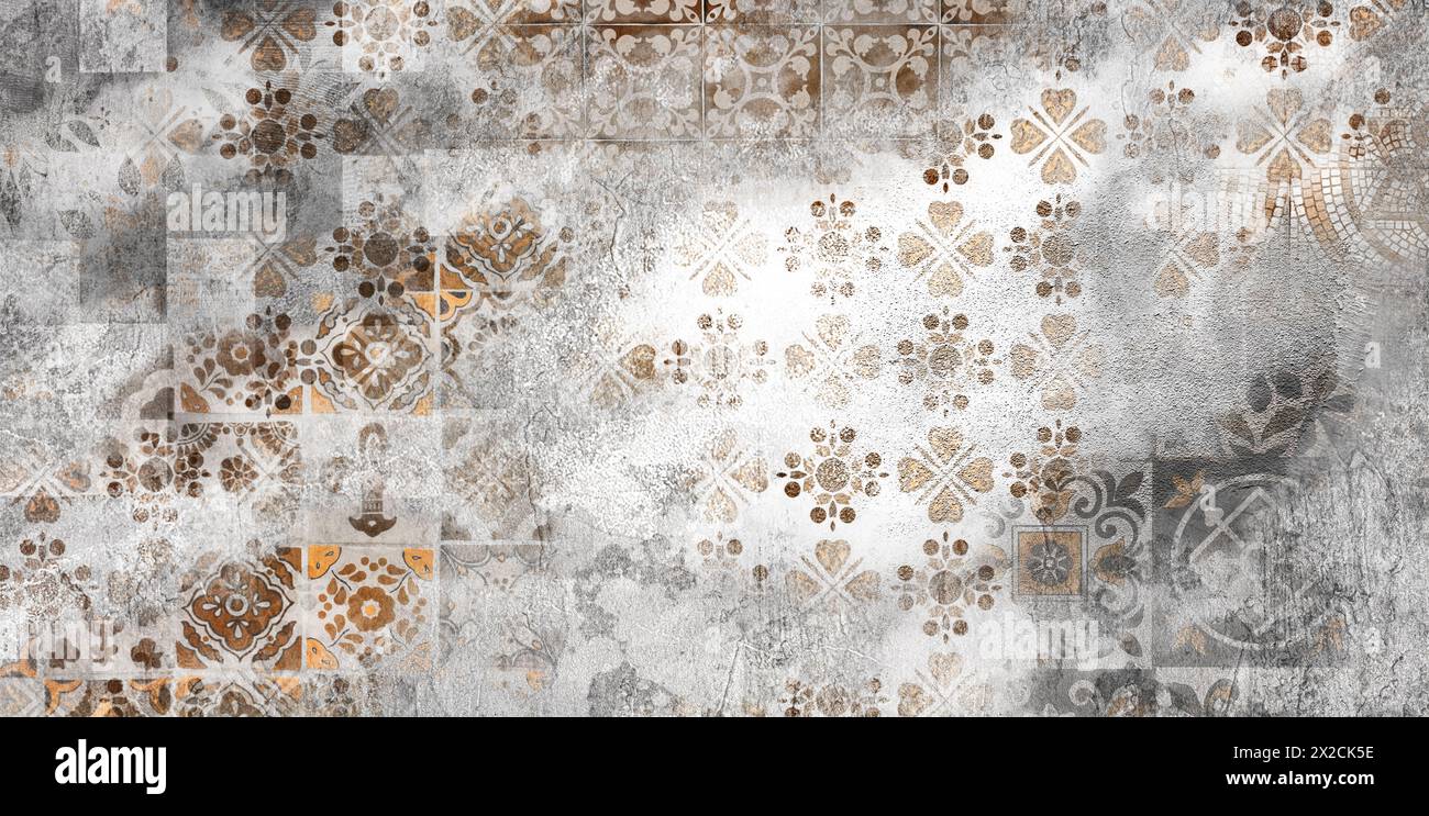 Vecchio marrone grigio arrugginito vintage logorato mosaico scabby geometrico motivo patchwork ornato piastrelle in gres porcellanato pietra cemento struttura delle pareti Foto Stock