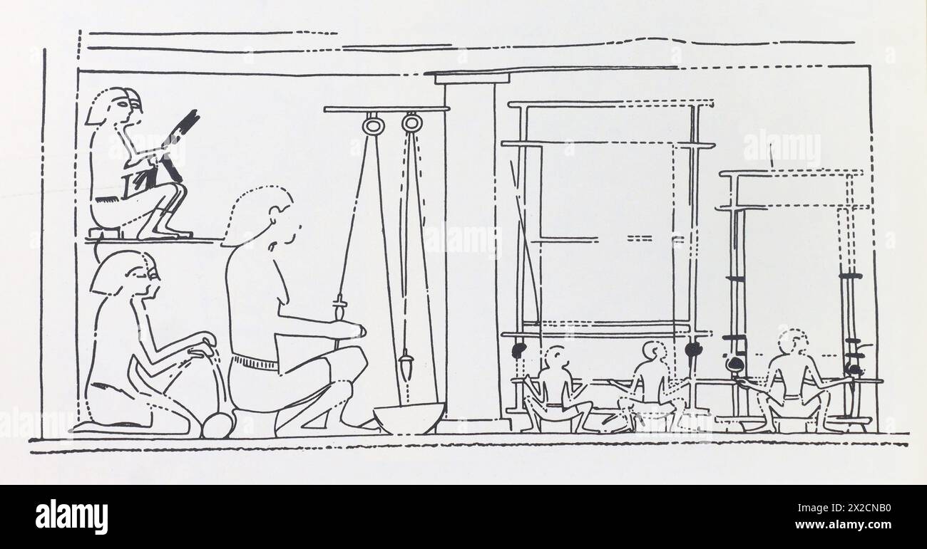 Pittura di una tomba a Tebe raffigurante un laboratorio di tessitura. Pittura dalla metà del II millennio a.C. Foto della metà del XX secolo. Foto Stock