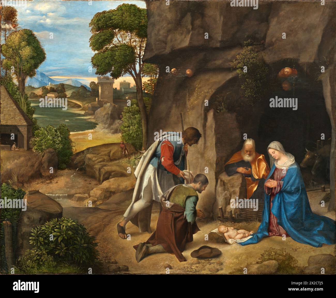 Pittura dell'Adorazione dei Pastori del pittore italiano Giorgione olio su tela capolavoro d'arte Foto Stock