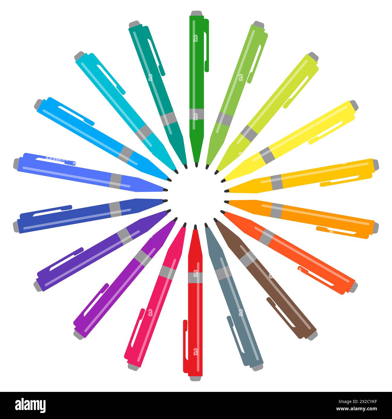 Set di penne multicolore disposte in cerchio. Illustrazione vettoriale. Illustrazione Vettoriale