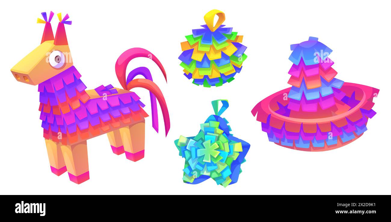 Tradizionale pinata messicana per la festa di compleanno o il festival cinco de mayo. Set vettoriale di cartoni animati di giocattolo di carta colorata con caramelle e dolci all'interno a forma di asino, stella e palla. Illustrazione Vettoriale