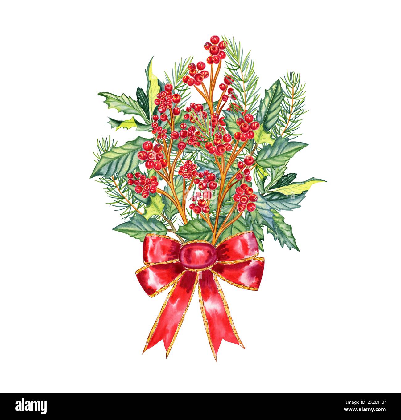 Bouquet di rametti di agrifoglio di Capodanno con bacche rosse e aghi di pino, illustrazione acquerello. Cartolina natalizia di rami disegnata a mano con un bo rosso Foto Stock