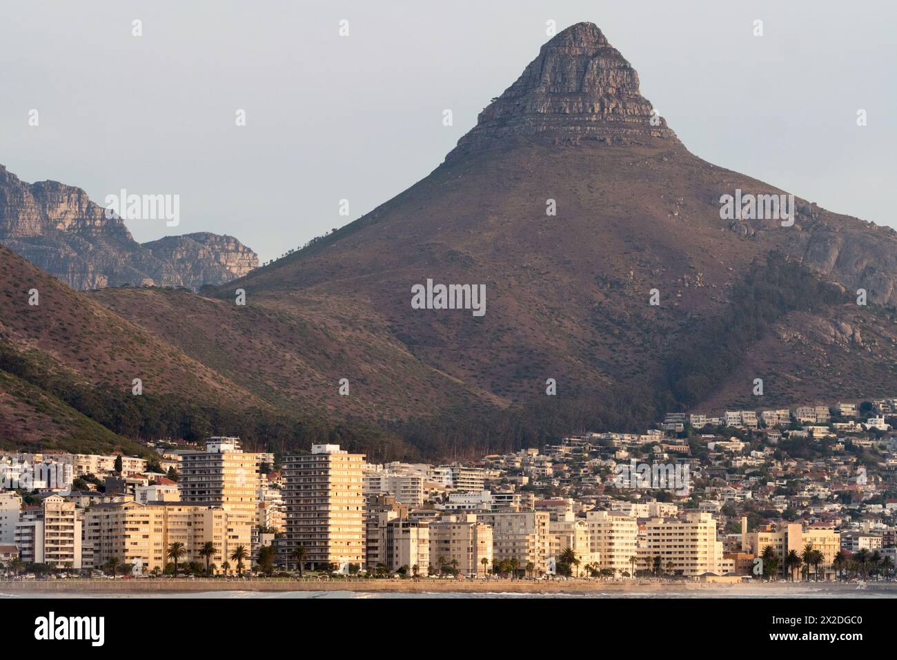 Vista panoramica ravvicinata della montagna di Lions Head e del sobborgo di Sea Point, città del Capo, Sud Africa al tramonto concetto di viaggio e turismo Foto Stock