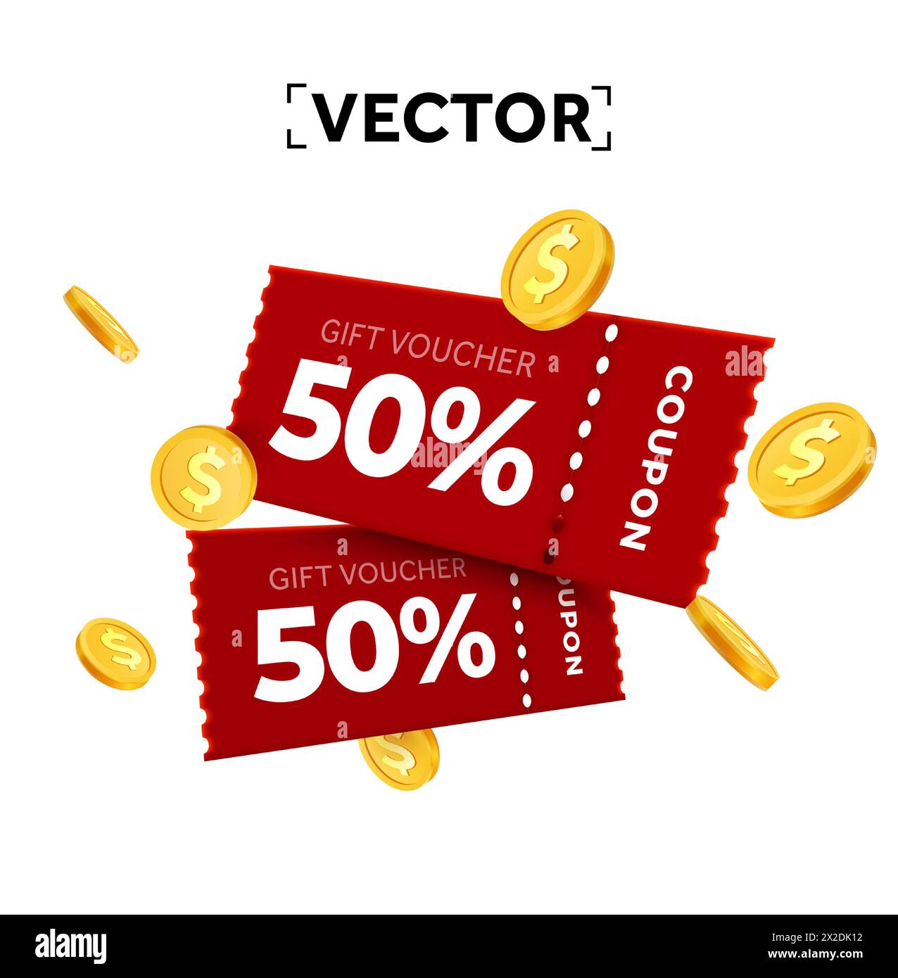 coppia 3d di buoni rossi con percentuale di codice promozionale con monete d'oro. Omaggi speciali con buoni o voucher. Buono regalo e modello di moneta d'oro. illustrazione vettoriale 3d. Illustrazione vettoriale Illustrazione Vettoriale