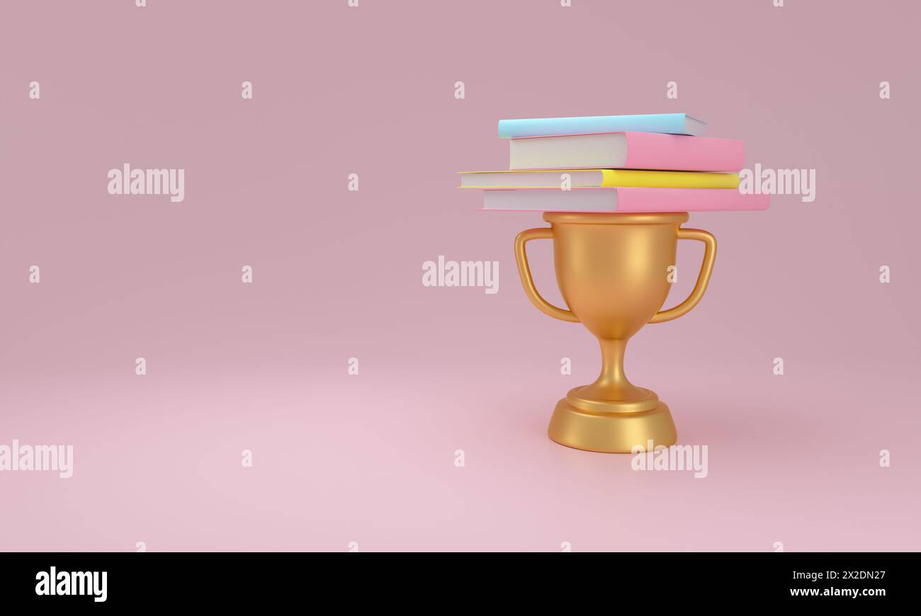 Libri color pastello in cima a un trofeo dorato, sullo sfondo rosa, raffigurano il tema del successo accademico e del riconoscimento. Illustrazione 3D. Foto Stock