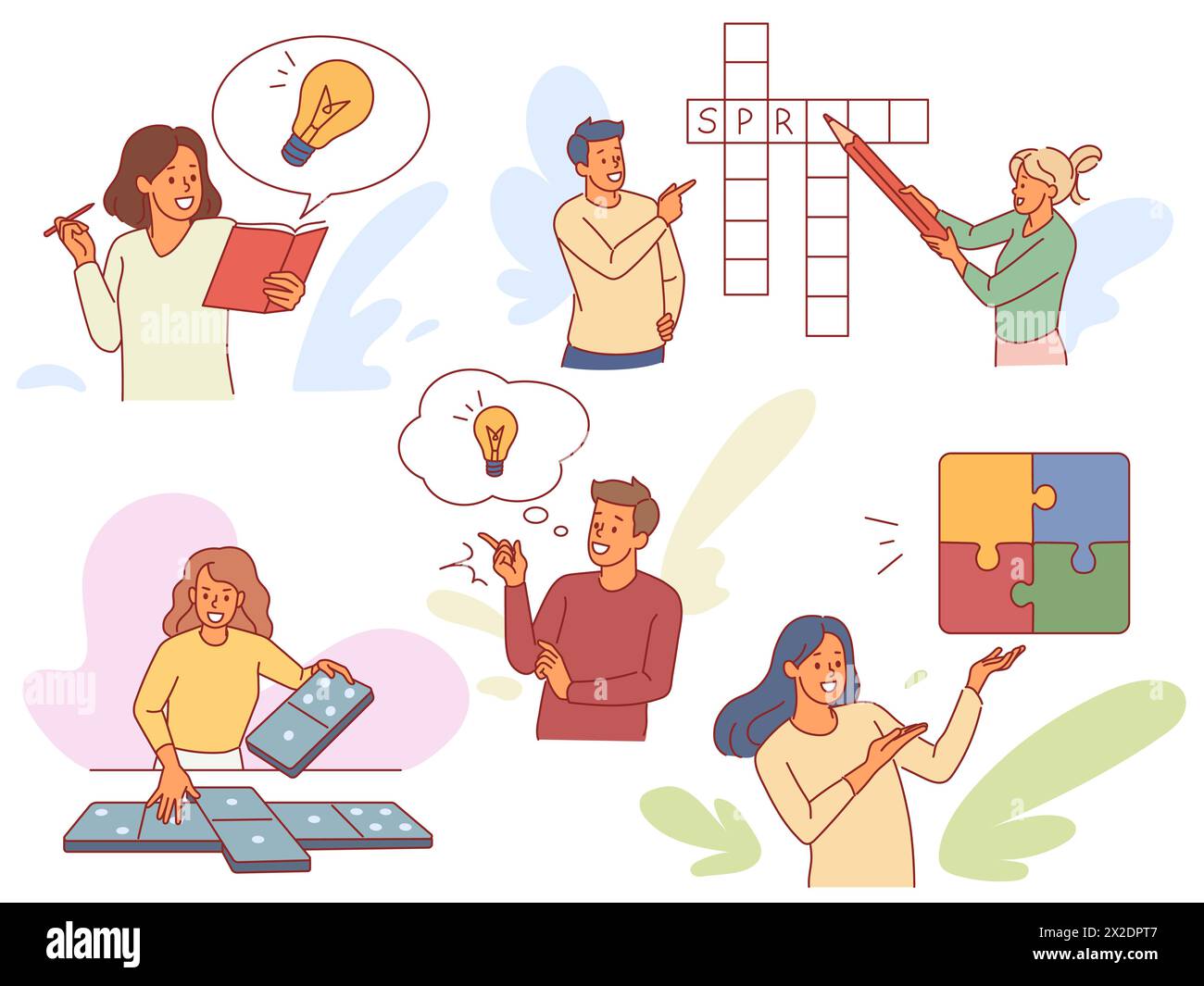 Tranquilli hobby a casa. Le persone attente risolvono cruciverba, domino e rompicapo, pensiero logico, giochi di allenamento cerebrale, concetto di conoscenza e istruzione Illustrazione Vettoriale