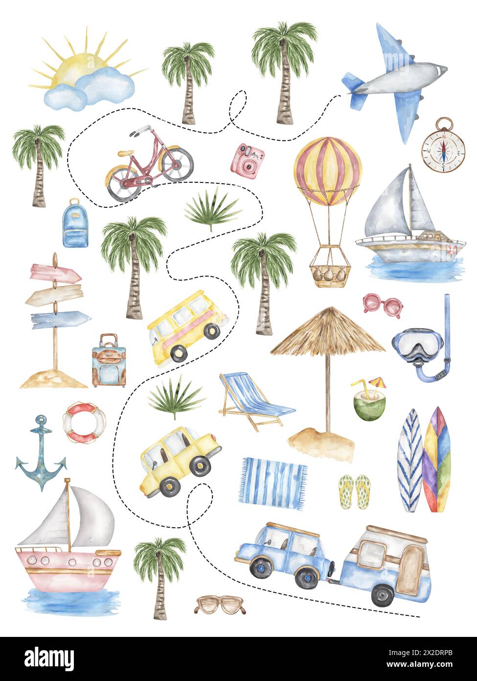 Poster ABC di Watercolor Educational Travel con elementi e oggetti. Carino Home School illustrazione con trasporto: Auto, nave, carro, autobus, yacht, aereo, Foto Stock