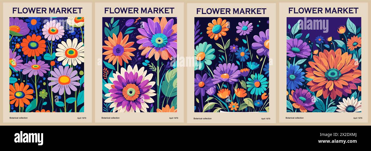 Serie di poster astratti per il mercato dei fiori. Arte murale botanica alla moda con design floreale in colori vivaci e luminosi. Decorazioni interne moderne e originali Illustrazione Vettoriale