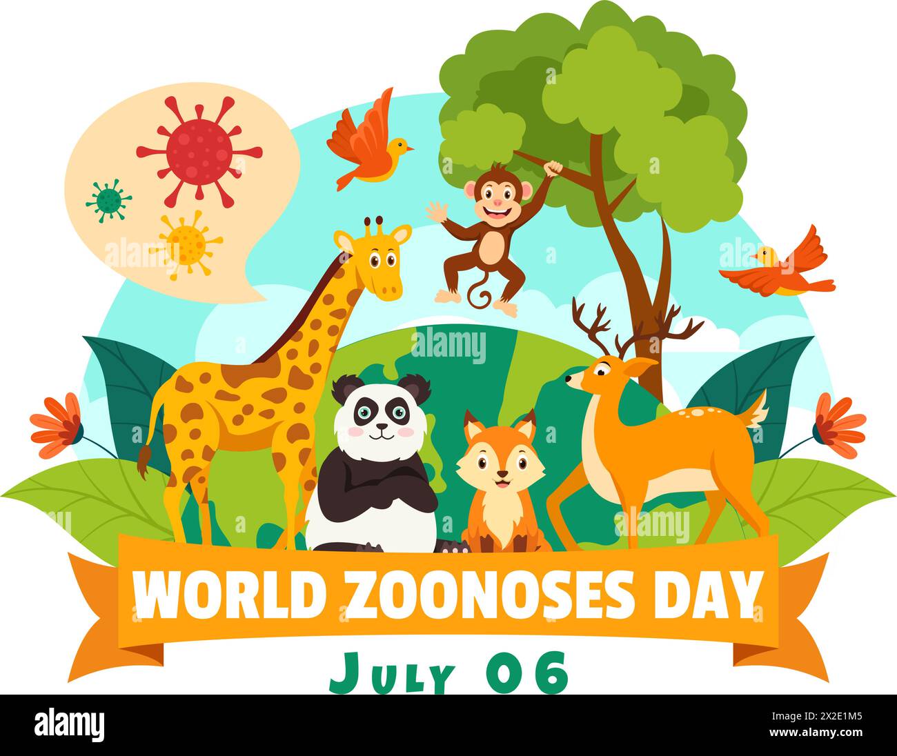 World zoonoses Day Vector Illustration on 6 July with various Animals and Plant that is in the Forest to Protect in Flat Cartoon background Design Illustrazione Vettoriale