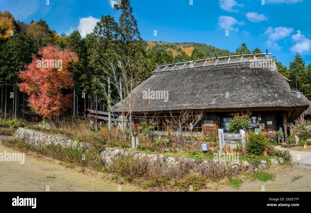 Casa Tradizionale Giapponese con tetto di paglia a Oishi petit pension village, Kawaguchi, Giappone. Foto Stock