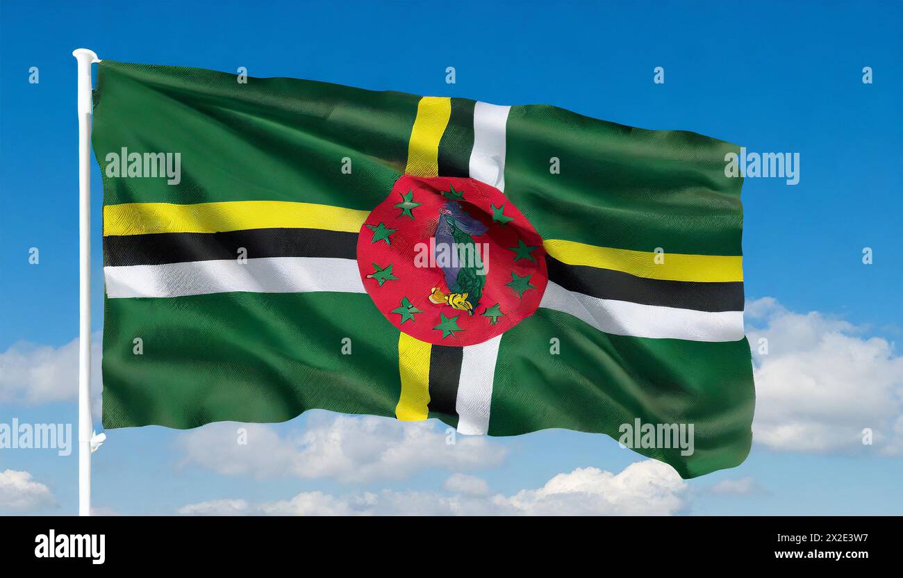Die Fahne von Dominica, Kleine Antillen, Karibik, Flattert im Wind, isoliert, gegen den blauen Himmel Foto Stock