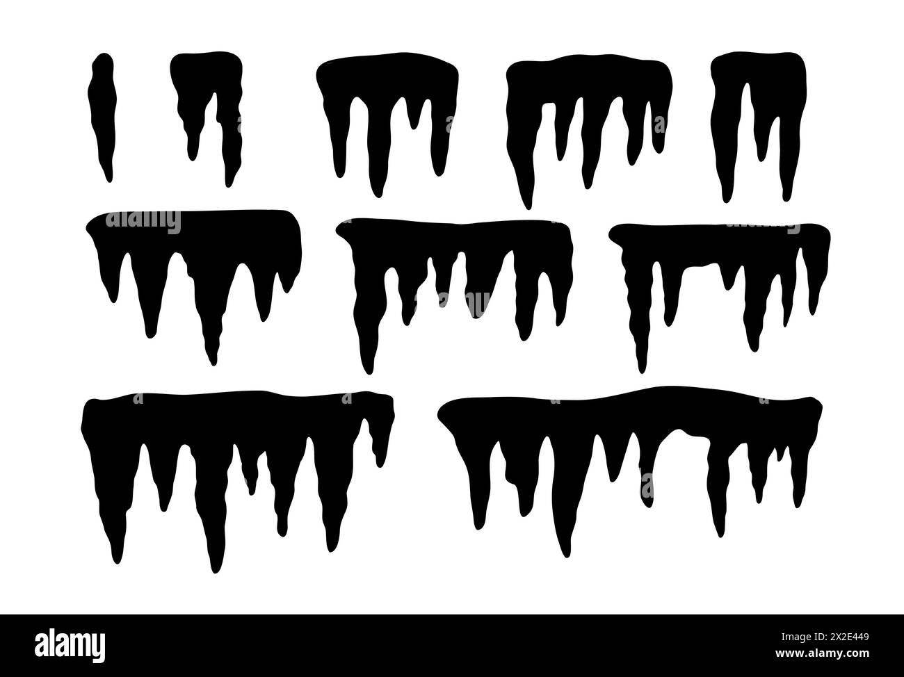 Set di ghiaccioli neri silhouette. Simbolo meteo. Illustrazione vettoriale isolata su sfondo bianco. Foto Stock