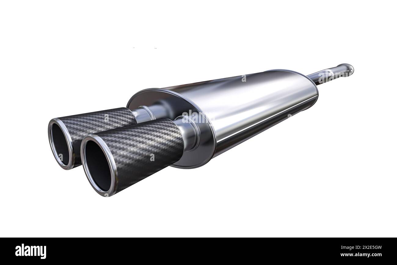 Doppio tubo di scarico in fibra di carbonio bianco. rendering 3d. Foto Stock