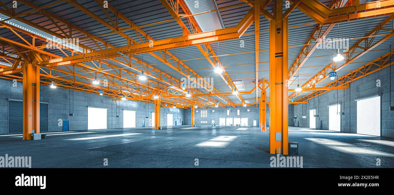 Magazzino industriale spazioso e vuoto con struttura in acciaio arancione vivace. rendering 3d. Foto Stock
