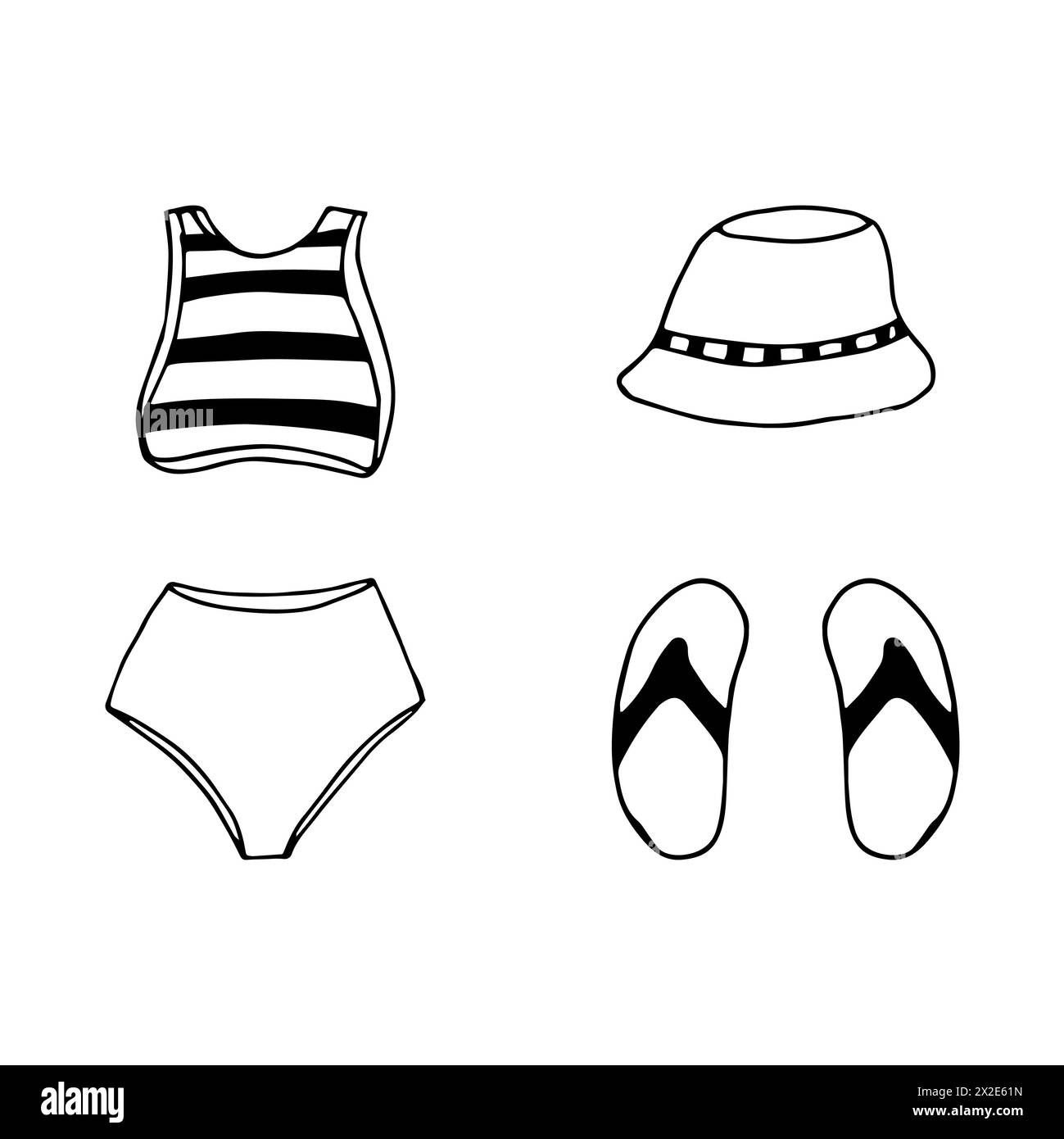 Set di costumi da spiaggia da donna. Illustrazione in stile bianco e nero. All'aperto. Infradito. Vettore disegnato a mano. Foto Stock