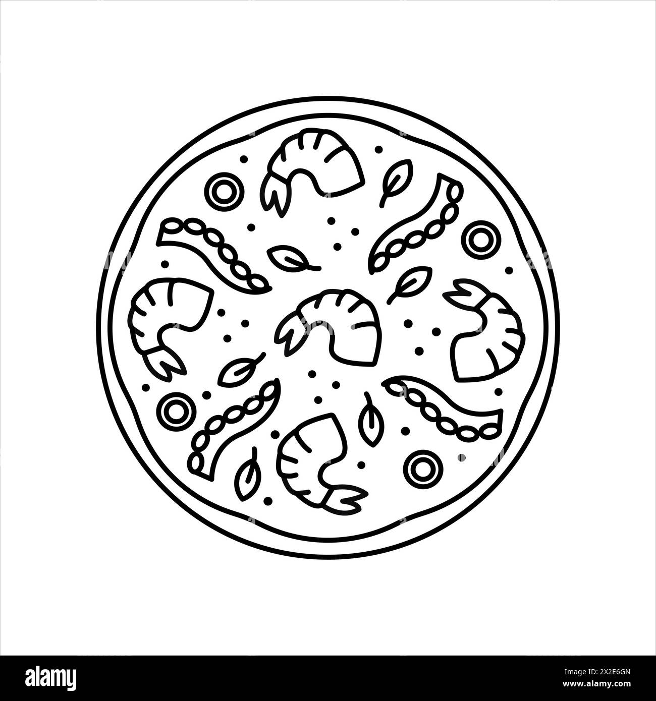 Vector pizza intera gustosi gamberi italiani fast food. Servizio di consegna fast food. Schizzo con stile di linea. Schizzo del contorno su sfondo bianco. Per il menu. Foto Stock