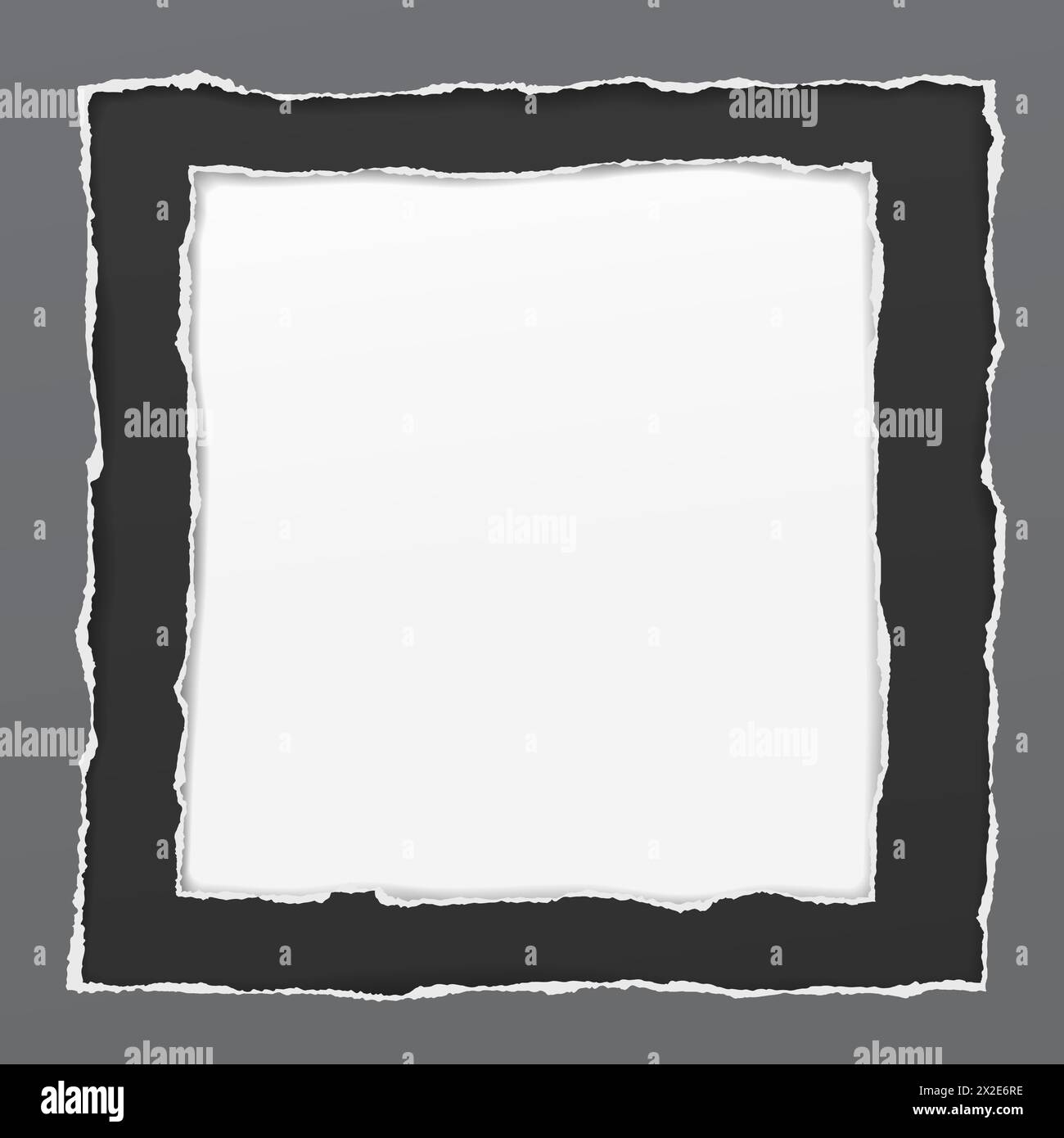 Carta nera con foro quadrato strappato e ombra morbida su sfondo quadrato bianco. Illustrazione Vettoriale