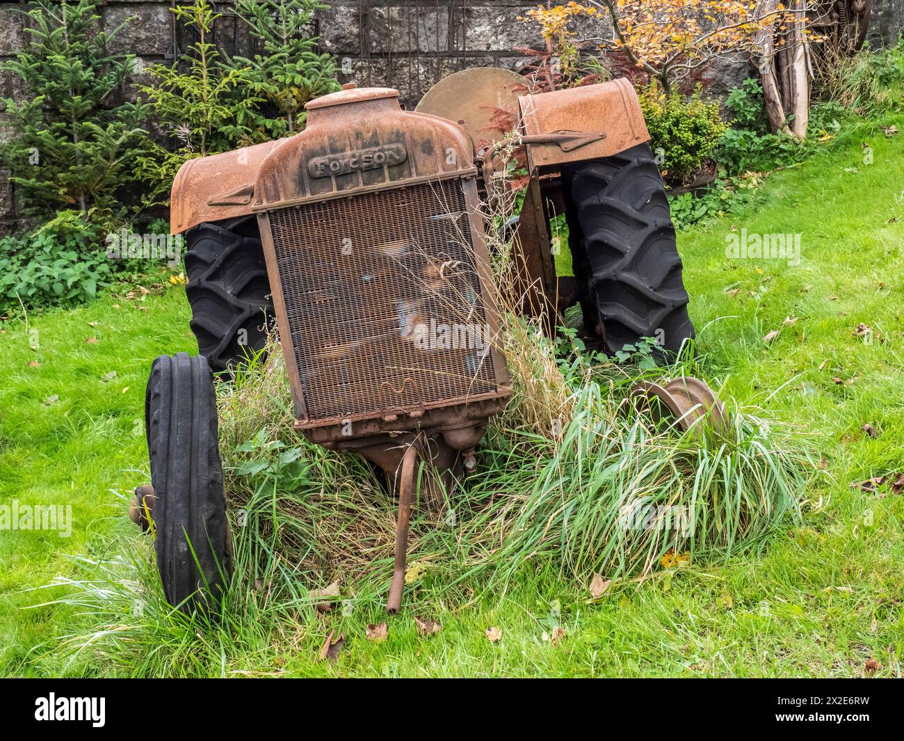 L'immagine è di un trattore Fordson abbandonato, costruito in collaborazione tra Ford e Massey Ferguson da cui il figlio. Foto Stock