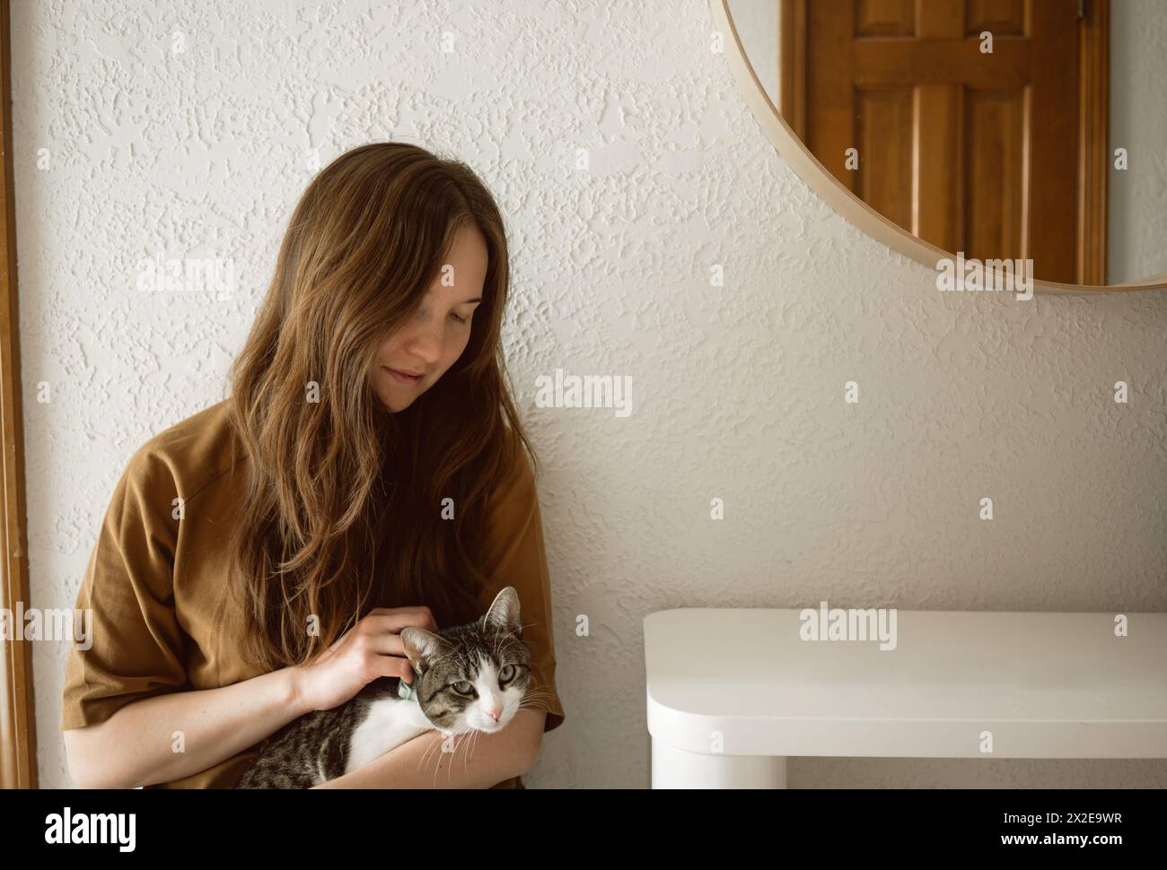 Una donna seduta accarezza il gatto in grembo in un interno minimalista con spazio per le copie Foto Stock