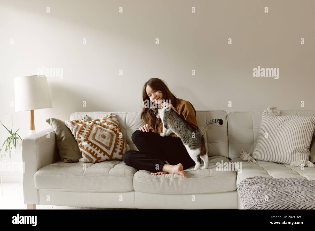 La donna accarezza il gatto sul divano davanti a un muro vuoto Foto Stock