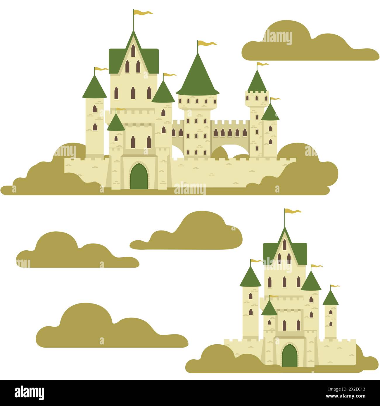 Castello in pietra medievale fantasia a fantasia senza cuciture con torri e cancello in stile foresta verde, illustrazione vettoriale su sfondo bianco Illustrazione Vettoriale