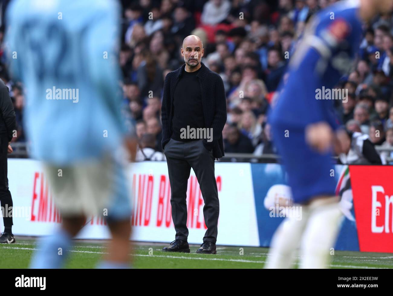 PEP Guardiola (manager del Man City) alla semifinale della Emirates fa Cup, Manchester City contro Chelsea, allo Stadio di Wembley, Londra, Regno Unito, il 20 aprile 2024 Foto Stock