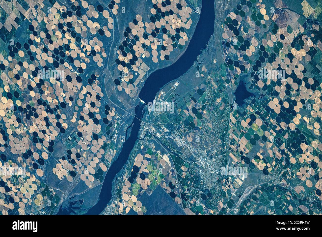 Fiumi, agricoltura e terreni nello stato dell'Idaho, Stati Uniti. Miglioramento digitale di un'immagine da parte della NASA Foto Stock
