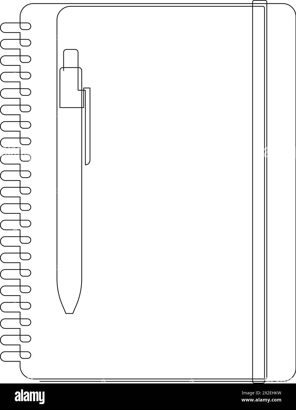 Disegno a linea singola continua del notebook con una penna sopra la scrivania. Blocco note e matita un vettore di linea Illustrazione Vettoriale