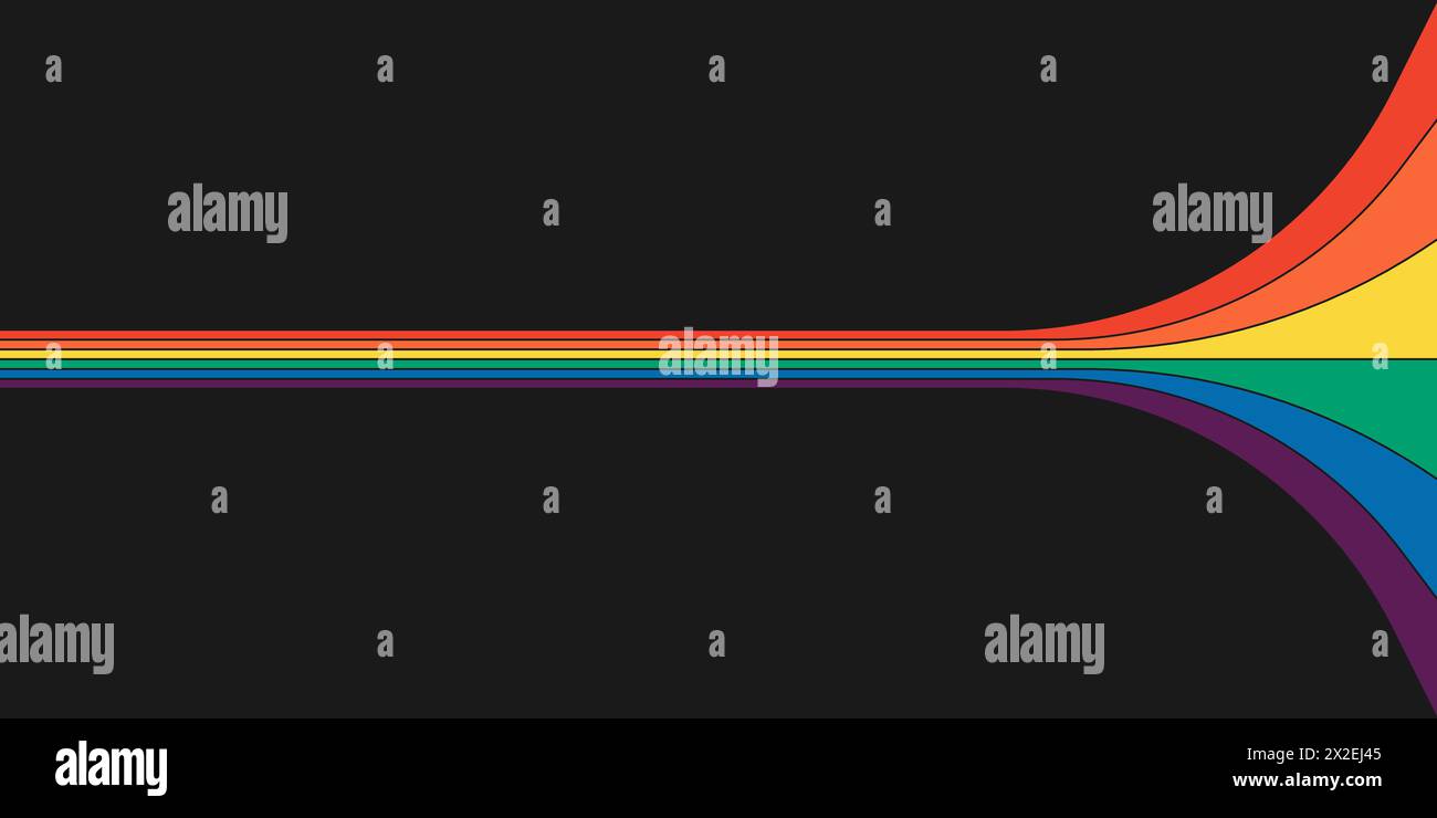 Striscione orizzontale con percorso a strisce retrò color arcobaleno. Copertura del flusso prospettico arcobaleni grafici. Linee iridescenti spettrali astratte hippy d'epoca. Elegante, moderno e semplice stile discoteca y2k colorato pop art eps Illustrazione Vettoriale