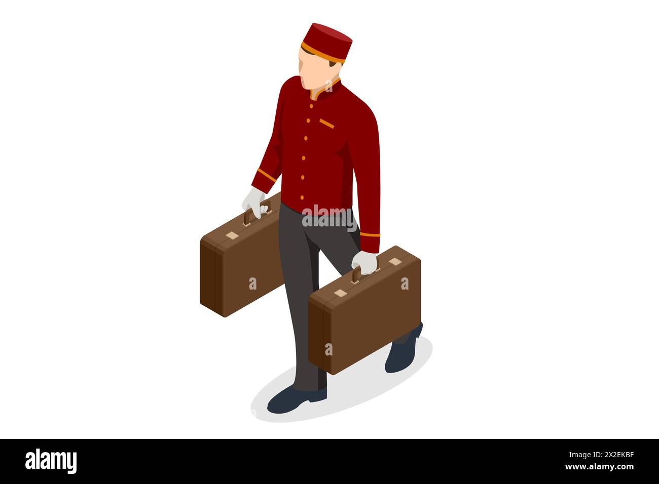 Portiere Isometrico con bagaglio, campanello in uniforme e Un carrello bagagli dell'hotel carico di valigie e borse Godetevi le vacanze e le vacanze. Illustrazione Vettoriale