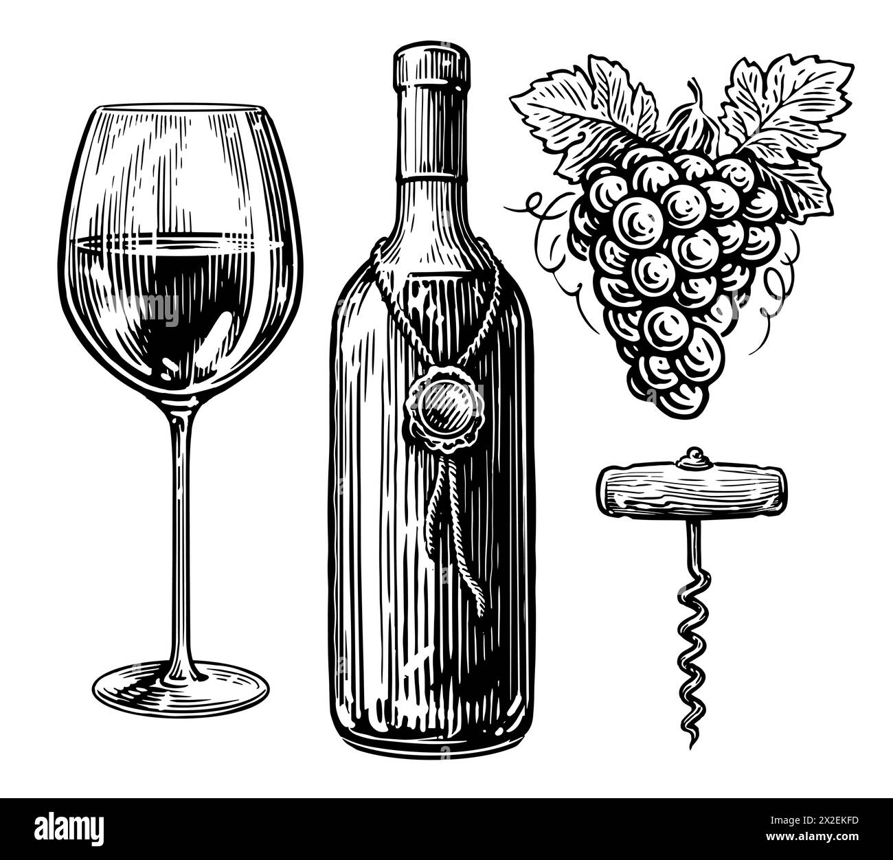 Concetto di vino e bevanda. Bottiglia di vino, bicchiere di vino, cavatappi e grappoli di uva. Disegnare un'illustrazione vettoriale vintage Illustrazione Vettoriale