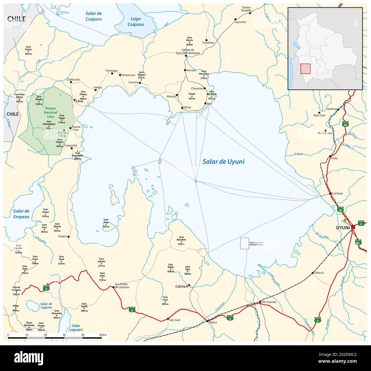 Mappa vettoriale della salina boliviana Salar de Uyuni Foto Stock