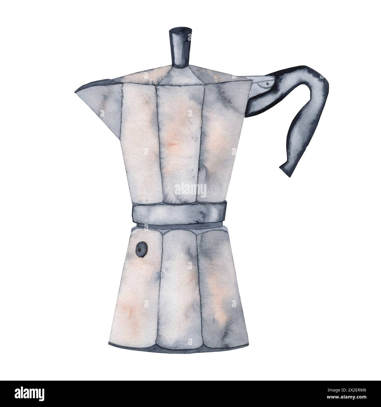 Macchina per il caffè Geyser per creare un acquerello color moka. Immagine di una caffettiera in stile retrò su uno sfondo isolato. Foto Stock