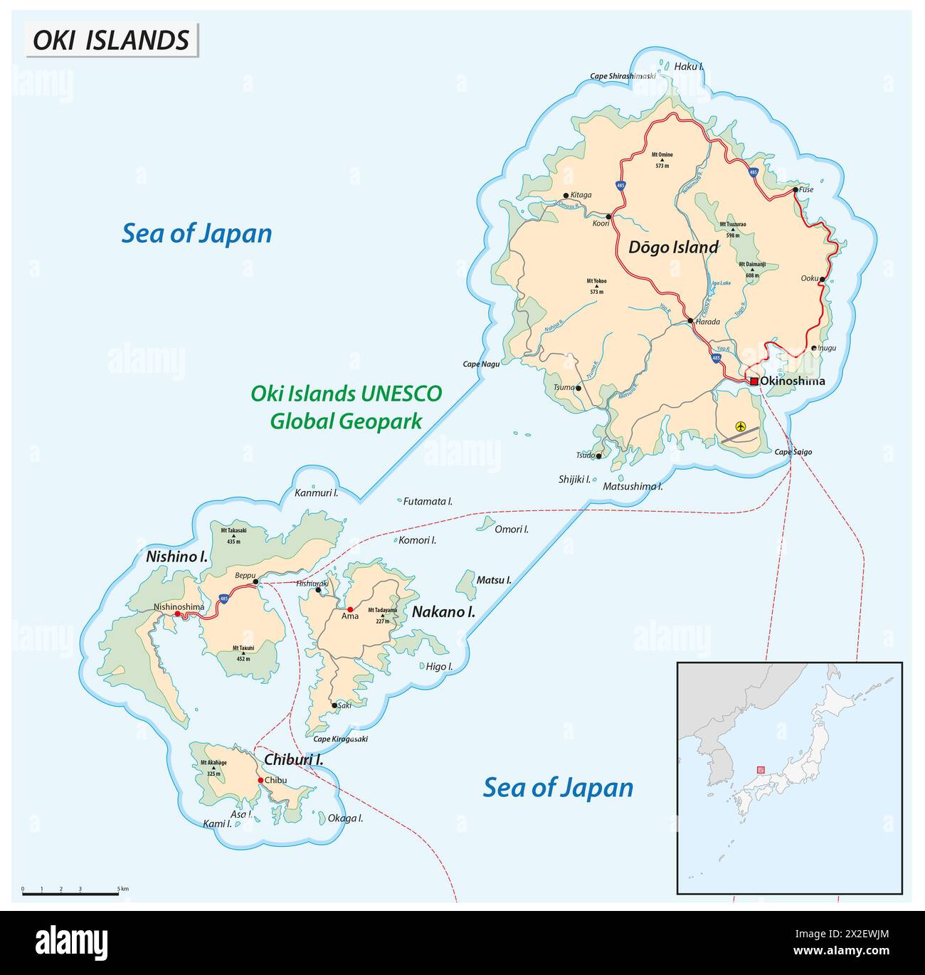Mappa vettoriale dell'arcipelago giapponese delle isole Oki Foto Stock