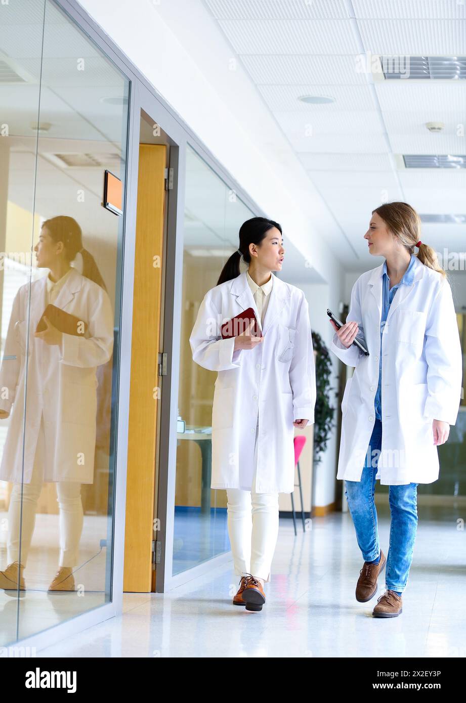 Ricercatori che camminano nel laboratorio del corridoio. Laboratorio di analisi chimica. Servizi tecnologici all'industria. Tecnalia Research & Innovation, Donostia, Foto Stock