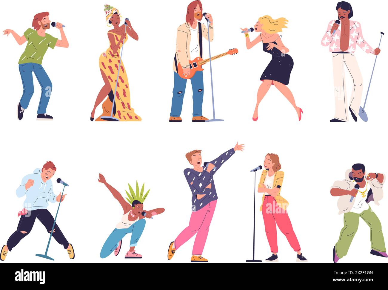 I personaggi dei cantanti del karaoke. Cantante donna che canta il microfono, cantante dei cartoni animati personaggio rocker dress microfono che esegue canto di musica da festa, illustrazione vettoriale di classe del karaoke dei personaggi Illustrazione Vettoriale