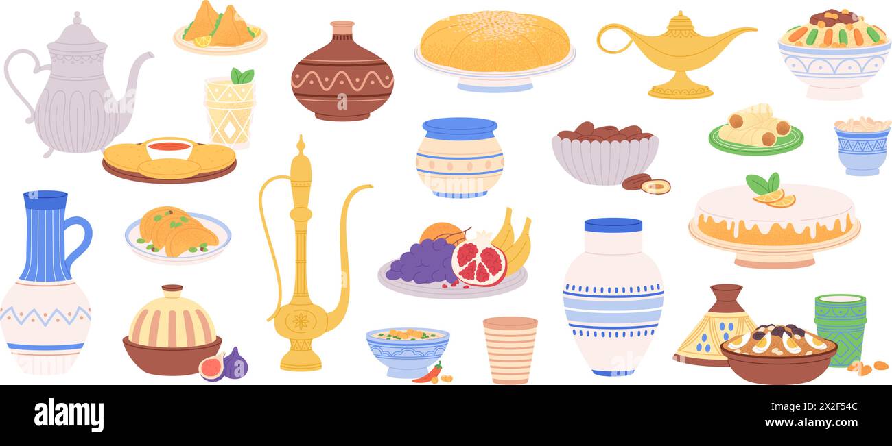 Cibo marocchino. Oggetti in ceramica araba, piatti tradizionali arabi e pasticceria. Ciotole e piatti decorativi, brocche e vasi. Clipart est del vettore razziale Illustrazione Vettoriale