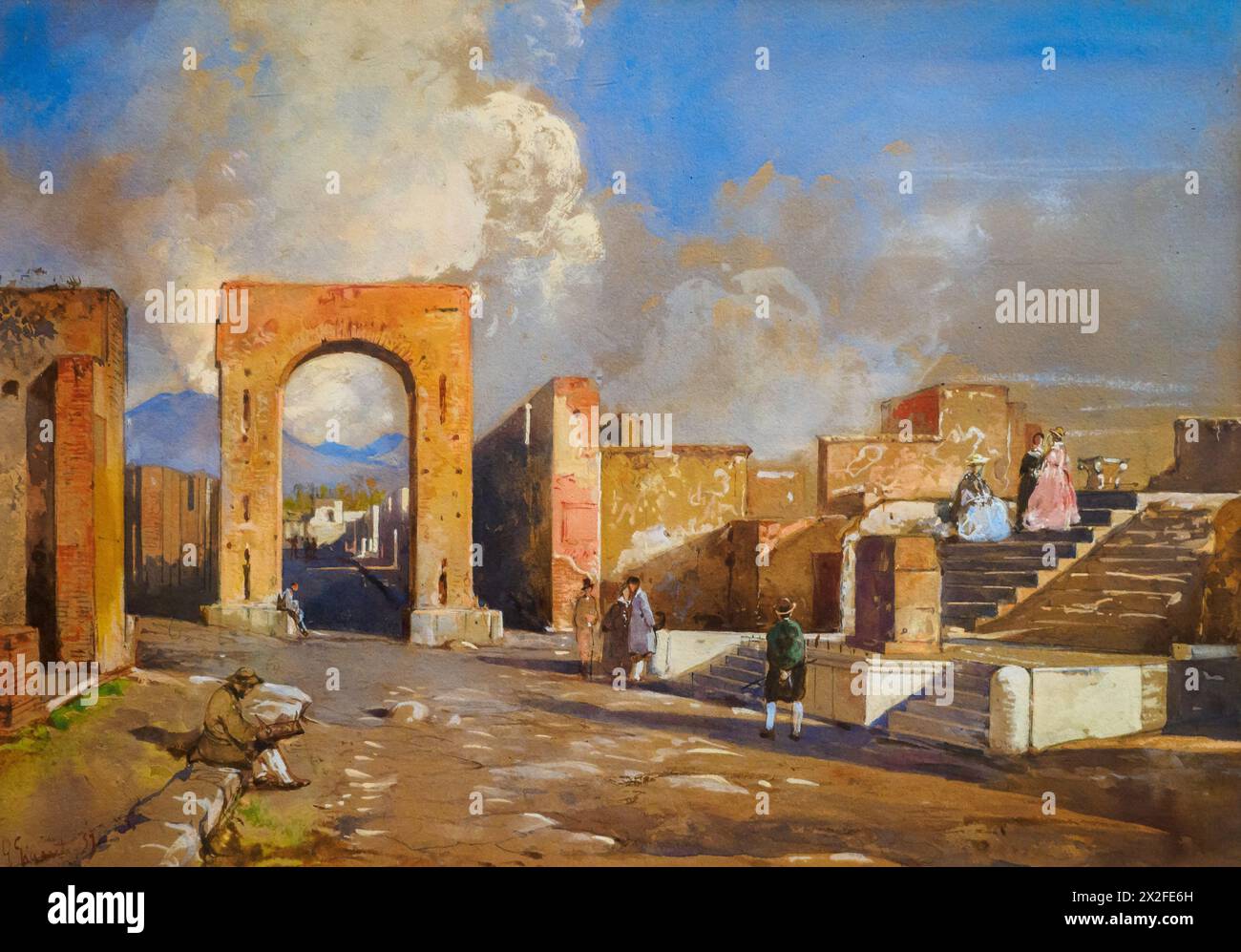 Il Tempio di fortuna Augusta e l'Arco di Caligola a Pompei di Giacinto Gigante (1806-1876), 1859, matita, acquerello, tempera, bianco Foto Stock