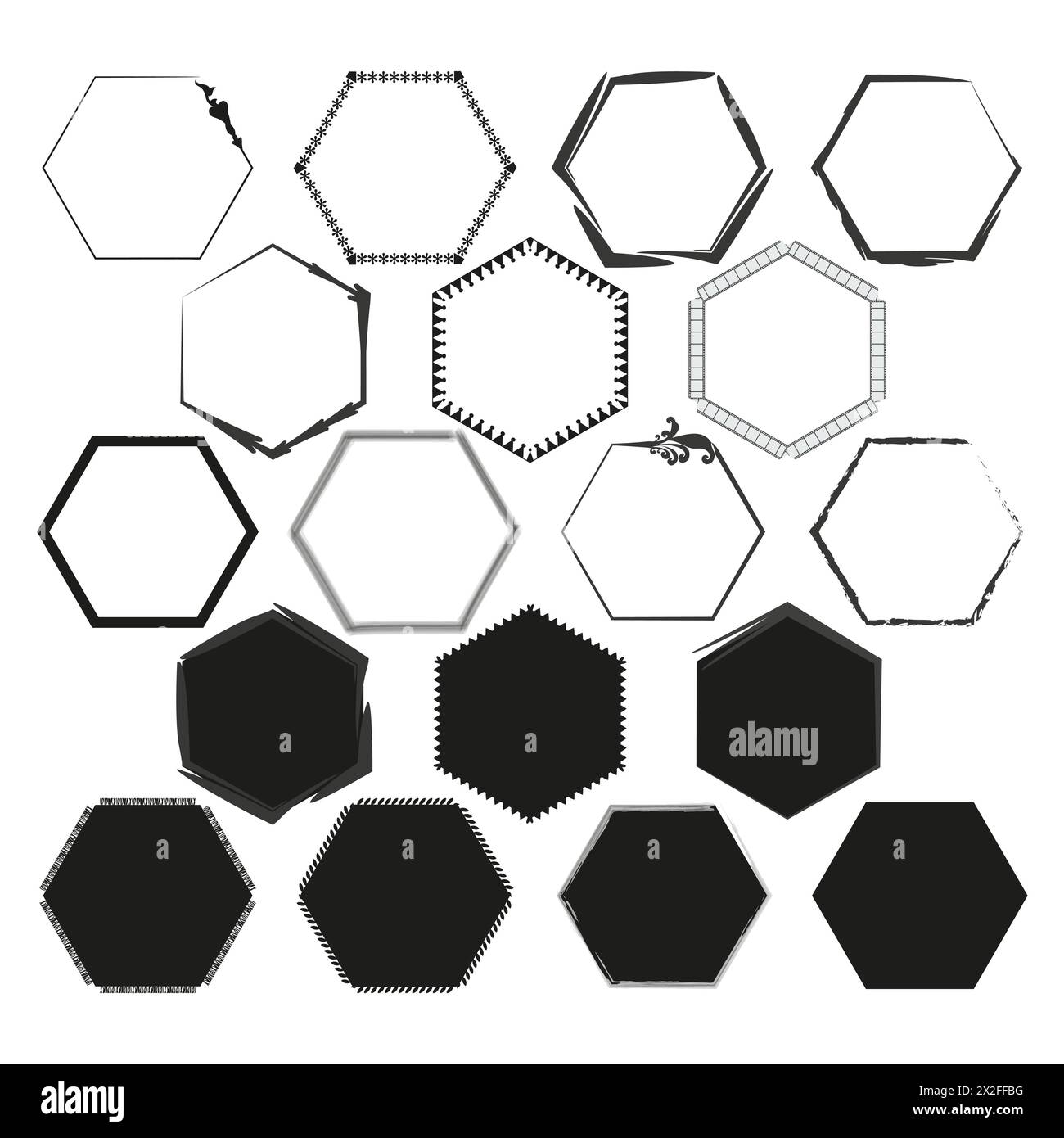 Diversi contorni esagonali. Design esclusivi per inquadrature creative. Versatile collezione di poligoni per la grafica. Illustrazione vettoriale. EPS 10. Illustrazione Vettoriale