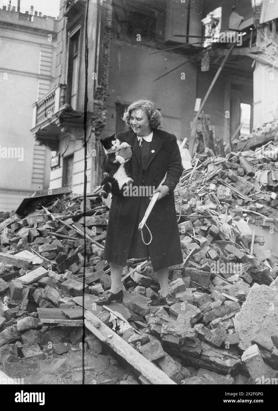 THE BLITZ, SETTEMBRE 1940-MAGGIO 1941 - la signorina Iris Davis, diciannovenne di Clapham, Londra, è una volontaria della stupida Friends Leagues, e trascorre molto tempo a recuperare i gatti con l'aiuto di un "lassoo" dai detriti della casa bombardata. Finora ha salvato seicento di questi randagi felini, 8 novembre 1940 la nostra stupida Lega degli amici Foto Stock