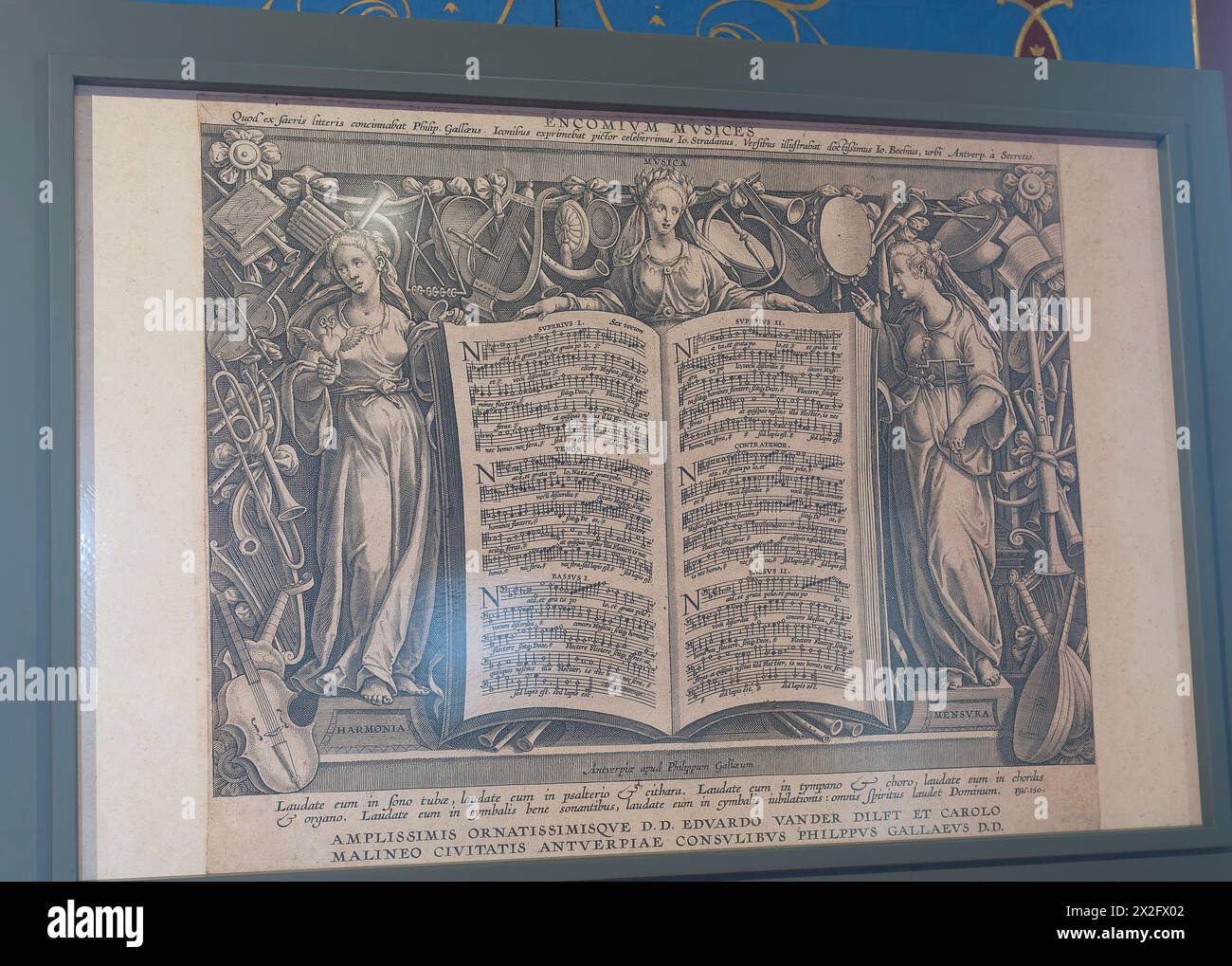 Göttweig, bassa Austria, Austria. Museo nell'ala imperiale dell'abbazia di Göttweig. Enencomium Musices, che mostra il mottetto in sei parti di Pevernage "nata et grata polo", inciso e pubblicato da Philip Galle, 1590 circa Foto Stock