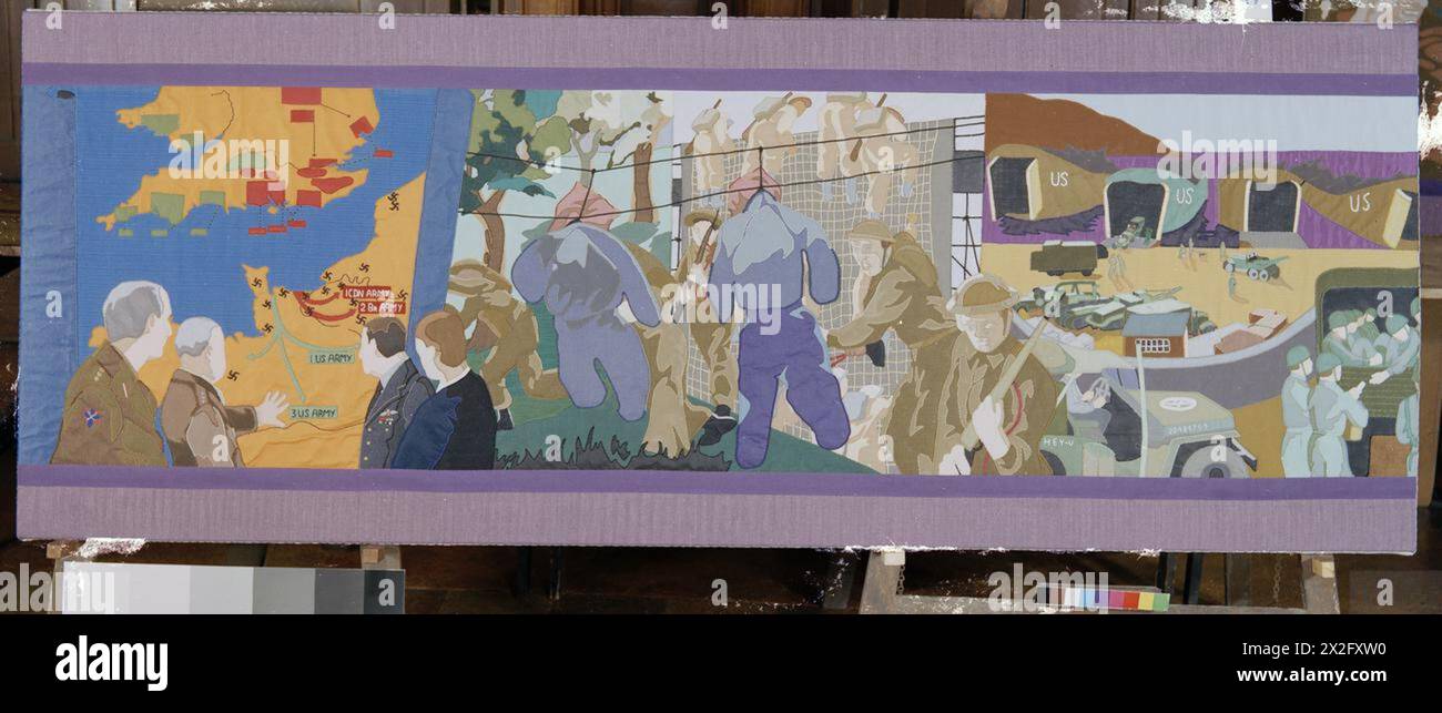 L'Overlord Embroidery, progettato da Sandra Lawrence e creato dalla Royal School of Needlework, commemora lo sbarco in Normandia del 1944. L'arazzo di 272 metri ripercorre l'operazione Overlord e gli eventi che la precedono, sulla base delle fotografie in tempo di guerra dell'Imperial War Museum. Foto Stock L'Overlord Embroidery, progettato da Sandra Lawrence e creato dalla Royal School of Needlework, commemora lo sbarco in Normandia del 1944. L'arazzo di 272 metri ripercorre l'operazione Overlord e gli eventi che la precedono, sulla base delle fotografie in tempo di guerra dell'Imperial War Museum. Foto Stock