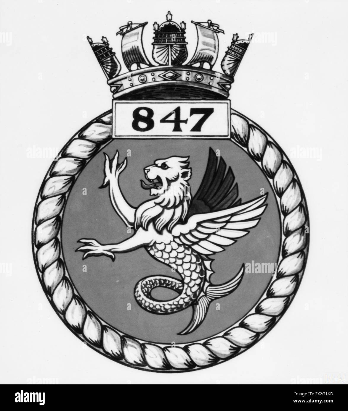 Lo stemma del Fleet Air Arm 847 Squadron nel 1944, che rappresenta l'identità dello squadrone e il patrimonio dell'aviazione navale. Foto Stock