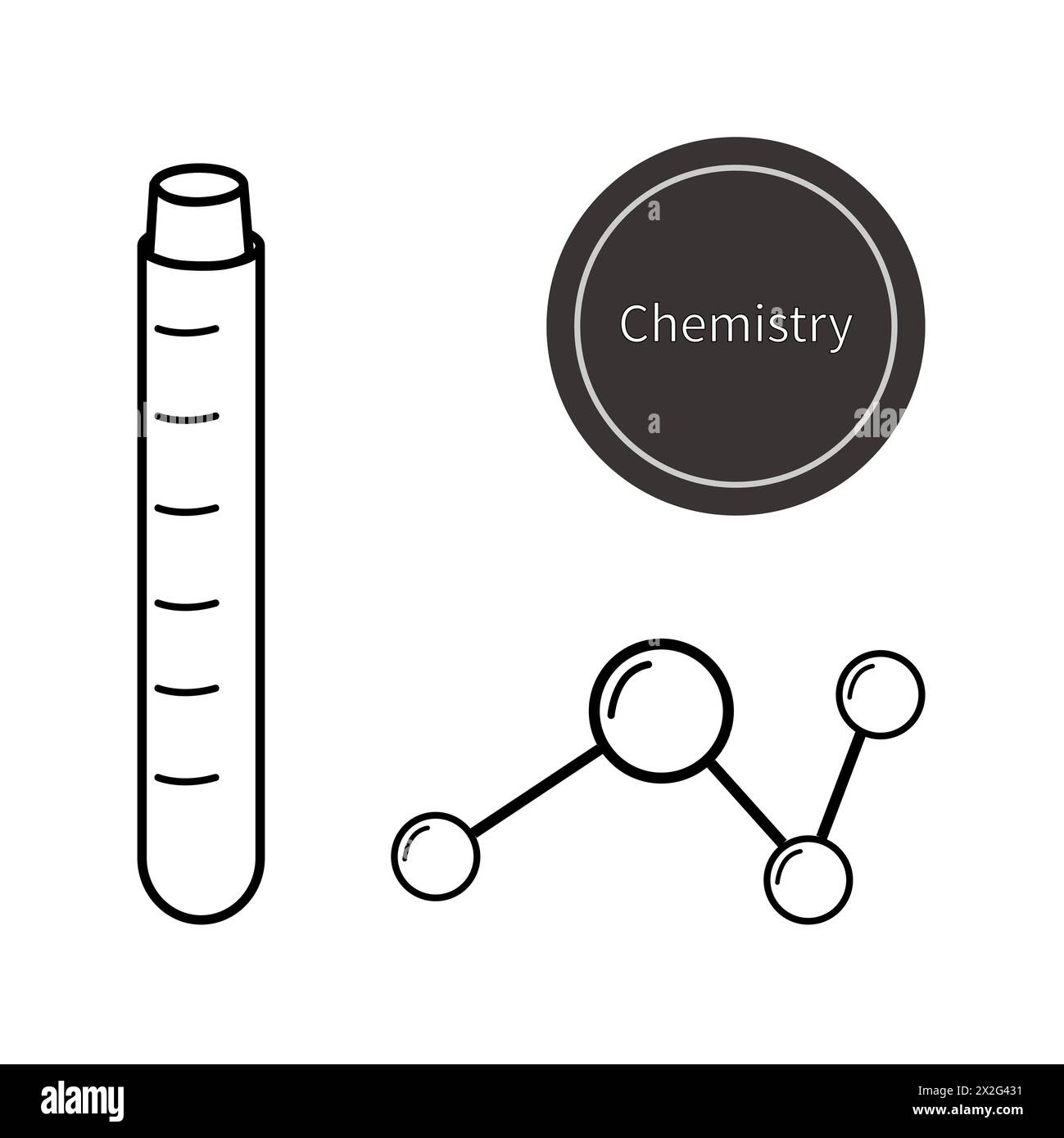 Vetreria chimica da laboratorio. Illustrazione vettoriale piatta. Matraccio, molecolare; scienza, lezione di chimica, test di laboratorio. Foto Stock