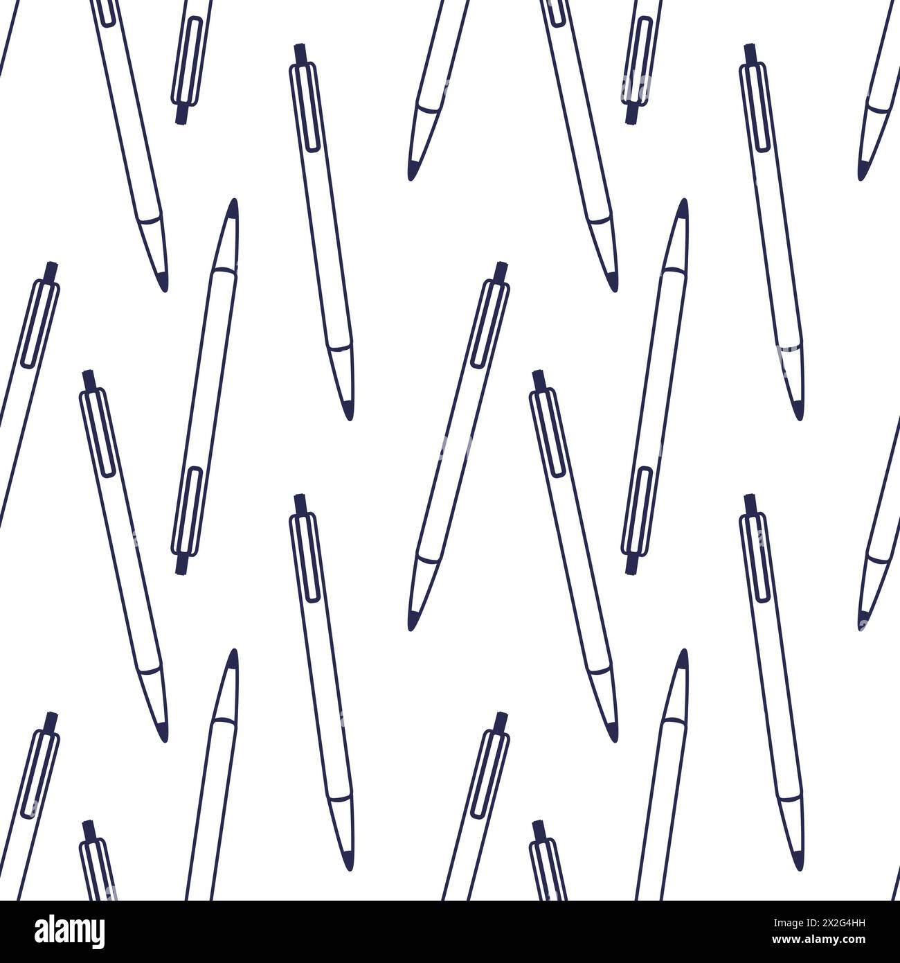 Motivo senza cuciture con penna da ufficio per la scuola. Elemento della linea vettoriale isolato su sfondo bianco. Colore blu scuro. Foto Stock