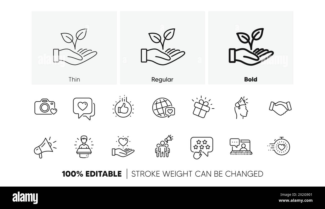 Icone della linea di ambasciatori del marchio. Influenza le persone, il megafono e il Rappresentante. Gruppo lineare. Icone di linea. Vettore Illustrazione Vettoriale